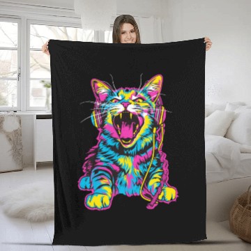 Discover Psychedelic Cat with Headphones in Vibrant Colors Fleece Blankets