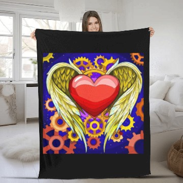 Discover Mechanical Heart with Angel Wings Fleece Blankets