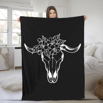Discover Floral Bull Skull Tattoo Design Fleece Blankets