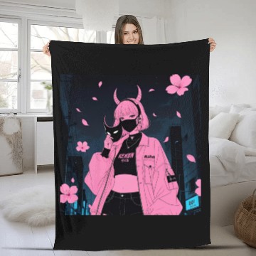 Discover Neon Sakura Night Streetwear Design Fleece Blankets