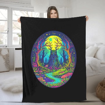 Discover Psychedelic Forest Spirit – Glowing Tree Guardian Fleece Blankets