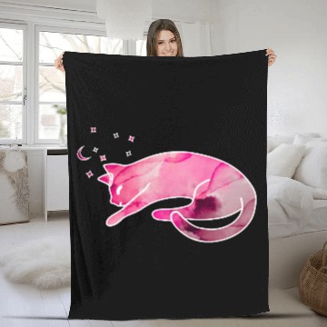 Discover Watercolor Sleeping Cat with Moon Stars Fleece Blankets