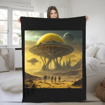 Discover Alien Planetary Forest with Floating Cities Fleece Blankets