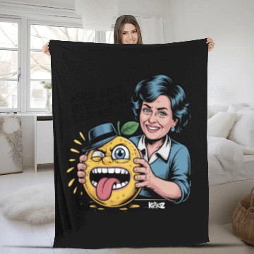 Discover Smiling woman holding sour lemon cartoon face Fleece Blankets