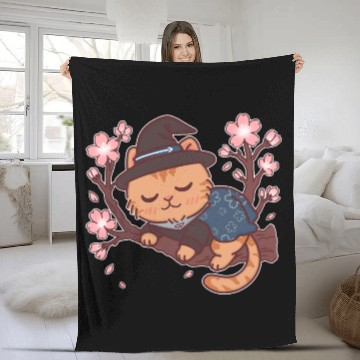 Discover Kawaii Wizard Cat Sleeping on Sakura Tree – Magic  Fleece Blankets