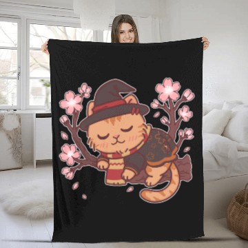 Discover Cute Witch Cat with Cherry Blossoms Fleece Blankets