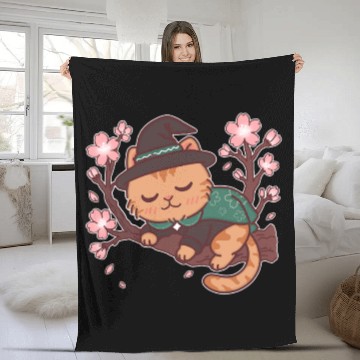 Discover Whimsical Wizard Cat in Blooming Cherry Tree Fleece Blankets