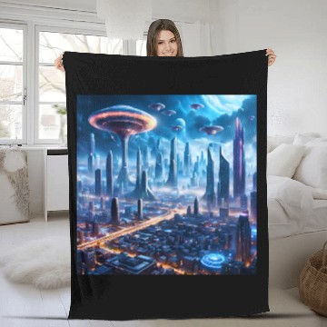 Discover Cyberpunk World Cityscape with Alien Ufo Skies Fleece Blankets