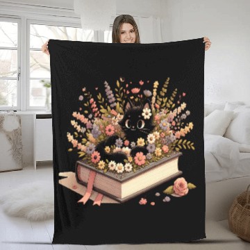 Discover Whimsical Black Cat with Floral Book Design Fleece Blankets