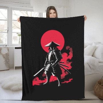 Discover Samurai Warrior with Red Sun Backdrop Fleece Blankets