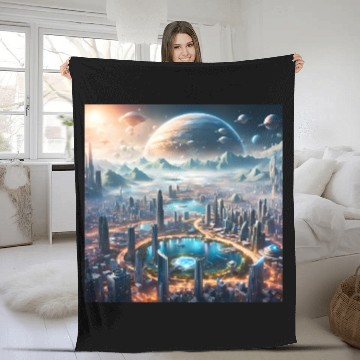 Discover Futuristic Cityscape with Alien Planets Sci-Fi Fleece Blankets