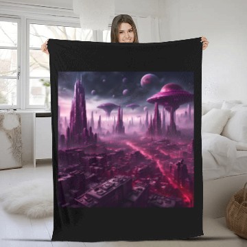 Discover Sci-Fi Future World And Alien City in Neon Pink Fleece Blankets