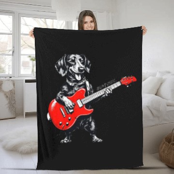 Discover Dachshund Playing Guitar Funny Rock and Roll Dog Fleece Blankets