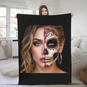Discover Intricate Sugar Skull Face Art Fleece Blankets