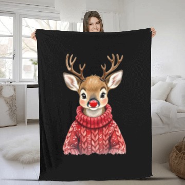 Discover Festive Reindeer with Red Nose Sweater Fleece Blankets