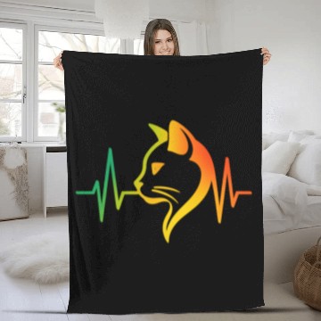 Discover Cool Neon Cat with Glasses and Heartbeat Line Fleece Blankets
