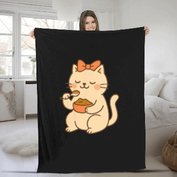 Discover Cute Cat with Bow Eating SoupCute Kawaii Cat Eatin Fleece Blankets