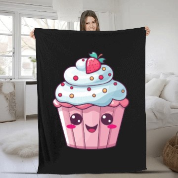 Discover Kawaii Strawberry Cupcake Illustration Fleece Blankets