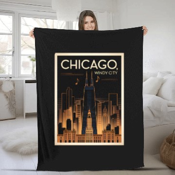 Discover Chicago Skyline Nightscape Design Fleece Blankets