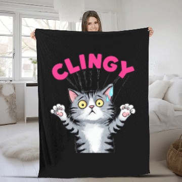 Discover Humorous Clingy Cat Illustration Fleece Blankets