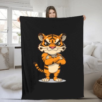 Discover grumpy tiger cartoon animal illustration Fleece Blankets