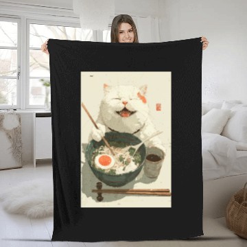 Discover Happy White Cat Eating Ramen Fleece Blankets