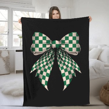 Discover Coquette Bow Cream White Green Checkered Pattern Fleece Blankets