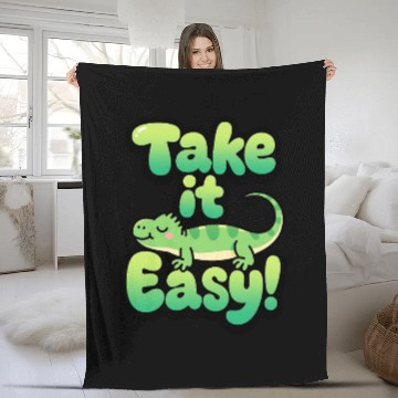 Discover Relaxed Green Lizard – Take it Easy Cartoon Design Fleece Blankets