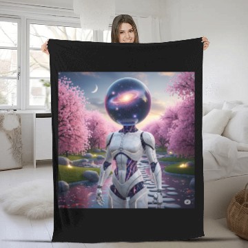 Discover Futuristic Robot in Cherry Blossom Paradise Fleece Blankets