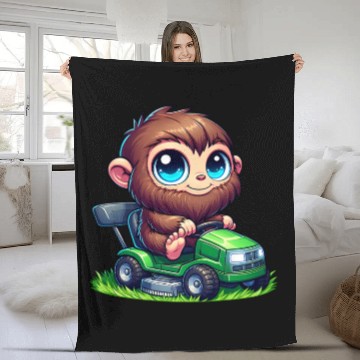 Discover Cute Bigfoot Sasquatch lawn mower gardening chibi Fleece Blankets