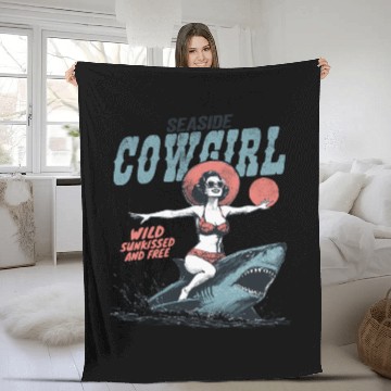 Discover Seaside Cowgirl Shark Adventure retro summer Fleece Blankets