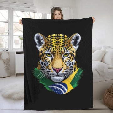 Discover Brazil Jaguar Head Green Yellow Blue National Flag Fleece Blankets