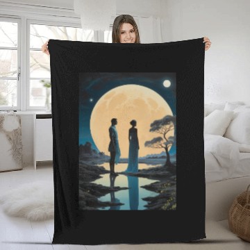 Discover Lunar Serenity Couple Illustration Fleece Blankets