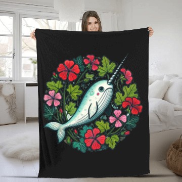 Discover Whimsical Narwhal Amid Floral Bloom Fleece Blankets