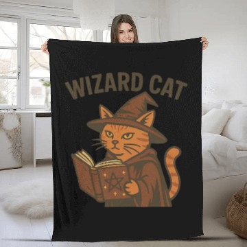 Discover Wizard Cat with Magic Book Design Fleece Blankets