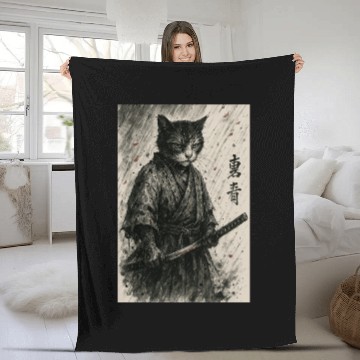 Discover Samurai Cat Warrior Vintage Japanese Art Design Fleece Blankets