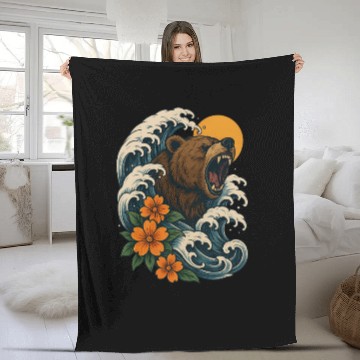 Discover Bear Surfer Wave with Hibiscus Flowers Fleece Blankets