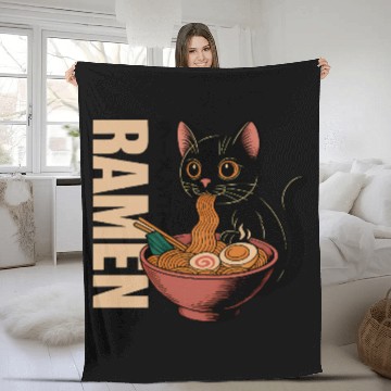 Discover Black Cat Ramen Illustration Fleece Blankets