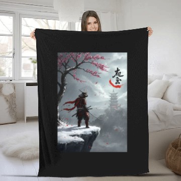 Discover Samurai Warrior Under Cherry Blossom Tree Fleece Blankets