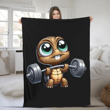 Discover Chibi turtle with barbell weightlifter cartoon Fleece Blankets