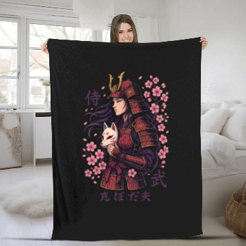 Discover Anime Samurai Woman with Fox Mask Fleece Blankets