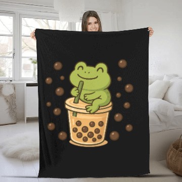 Discover Cheerful Frog Tasting Bubble Tea Design Fleece Blankets