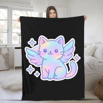 Discover Celestial Winged Cat Illustration Fleece Blankets