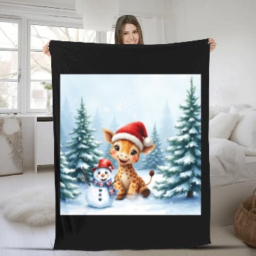 Discover Festive Giraffe with Snowman Santa Hat Fleece Blankets