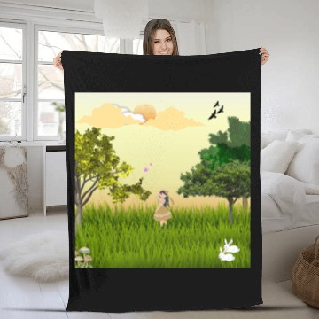 Discover Serene Forest Girl with Bunny and Birds Fleece Blankets