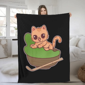 Discover Kawaii Cat in Matcha Tea Bowl Fleece Blankets