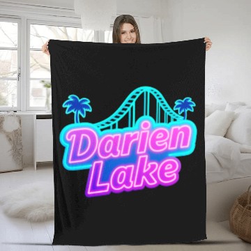 Discover Neon Daren Lake Sign with Roller Coaster and Palms Fleece Blankets