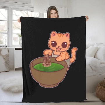Discover Kawaii Cat Matcha Barista Whisking Tea Fleece Blankets