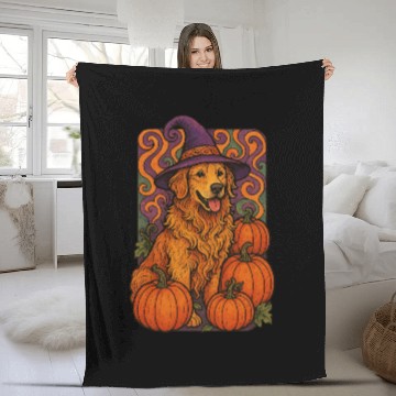 Discover Halloween Wizard Golden Retriever with Pumpkins Fleece Blankets