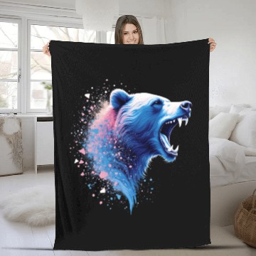 Discover Roaring Bear Head Blue And Pink Fleece Blankets